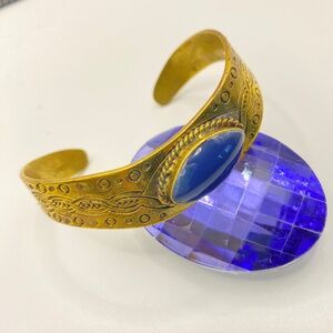 Engraved Brass Lapis Gemstone Cuff Bracelet Southwestern Bohemian Vintage 2.25"